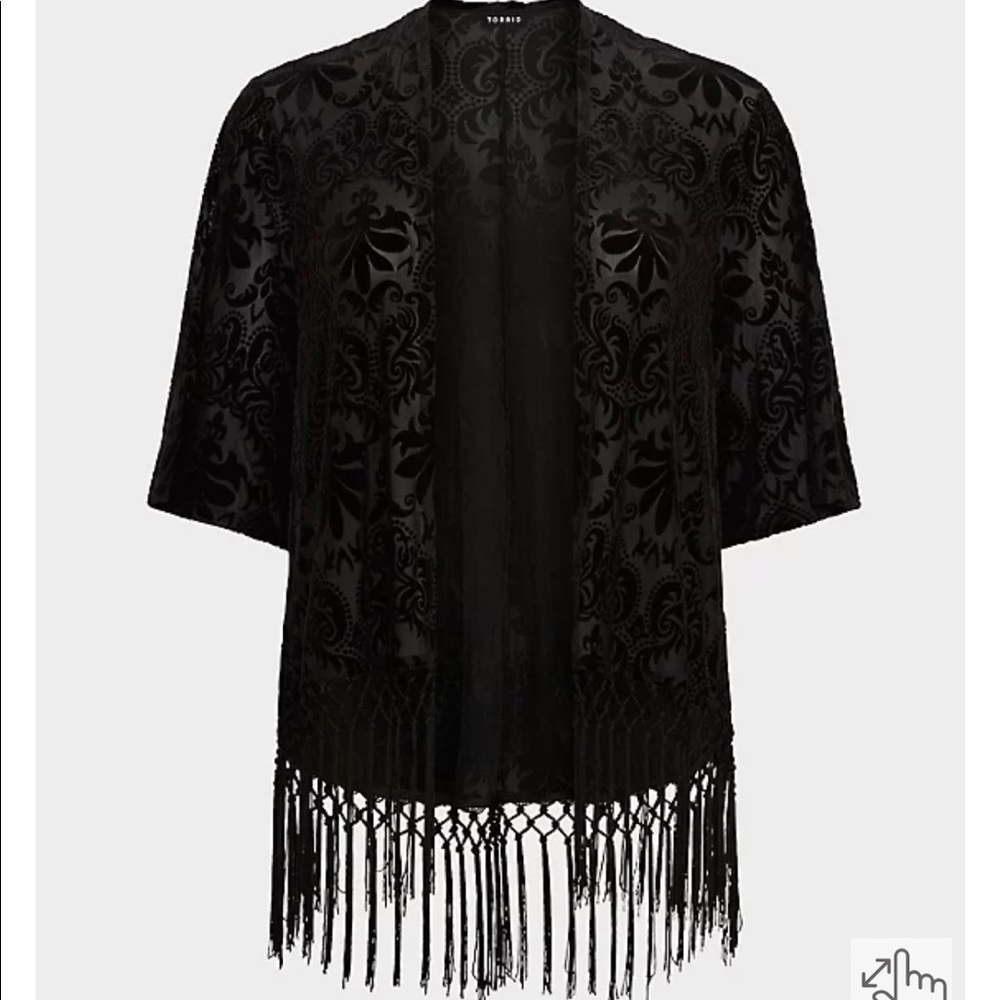 Torrid black velvet fringe kimono